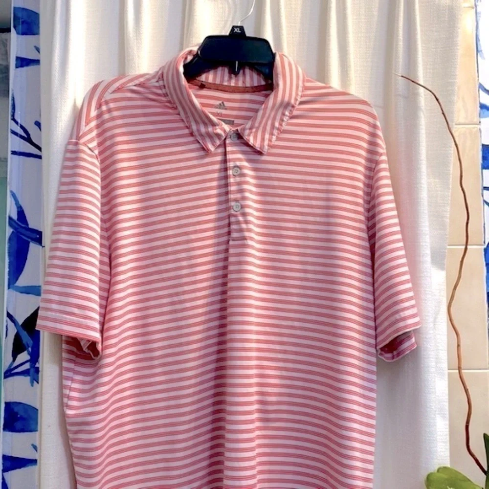 Men’s Red and White Striped Adidas Polyester & Spandex Golf Polo Size XL